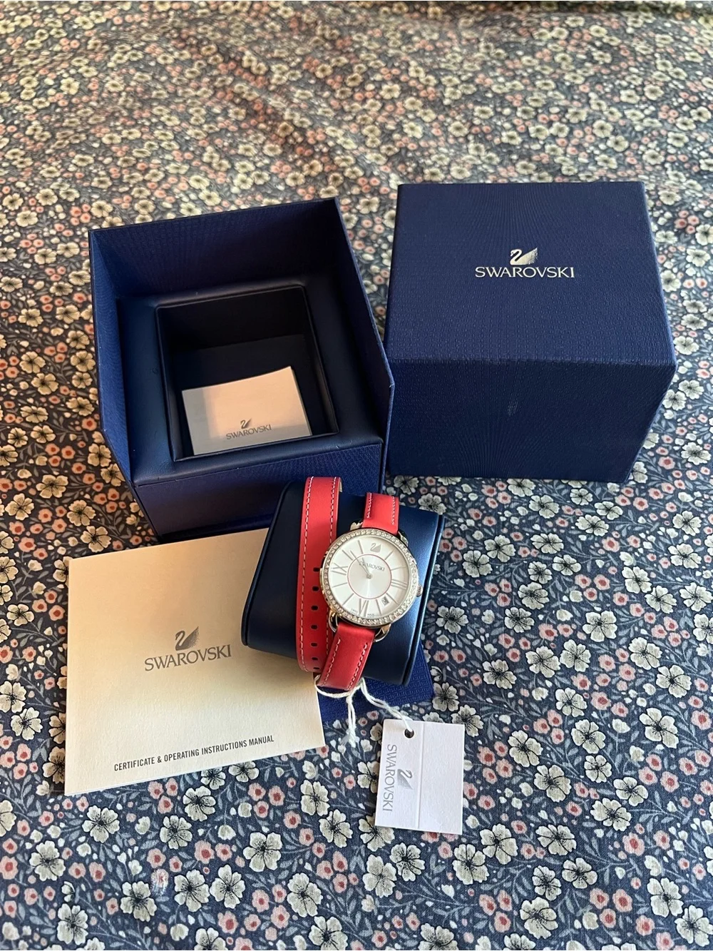 NWT IN BOX Swarovski Red Double Leather Strap Crystal-Set Women’s Watch